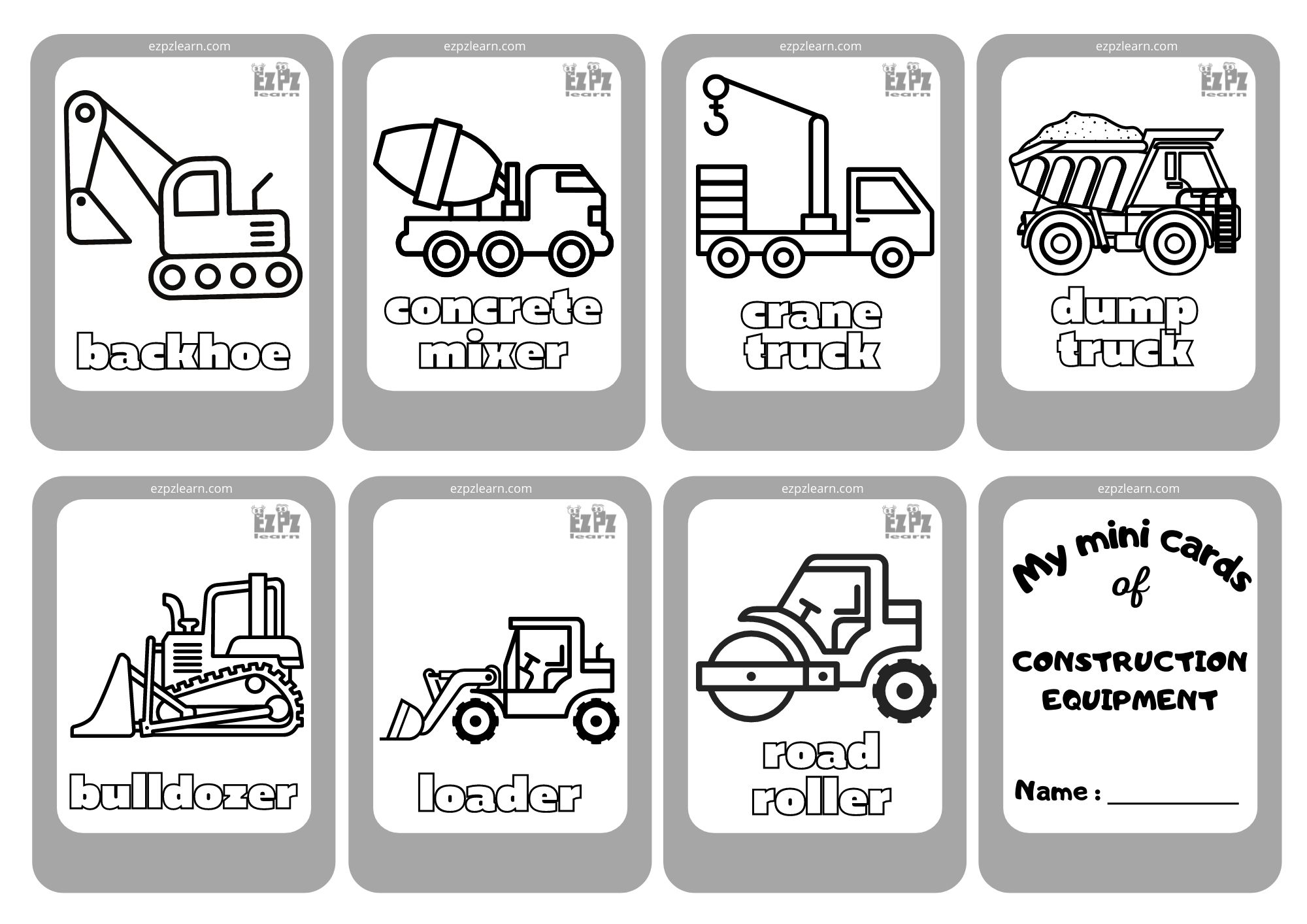 Construction Equipment Mini Cards Coloring